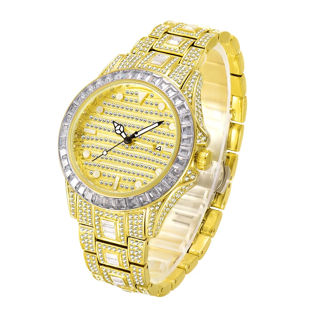 

New Arrival Luxury CZ diamond iced out gold plated stainless steel quartz men wrist watch Japan Movt Brand OEM Custom Logo