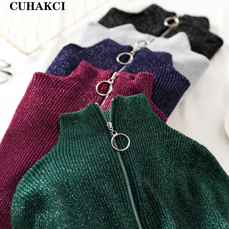 

Women Glitter Silk Zipper Circle Half-Zip Reglan Half High Collar Autumn Winter Solid Color Jumpers Elastic Knitted Tops