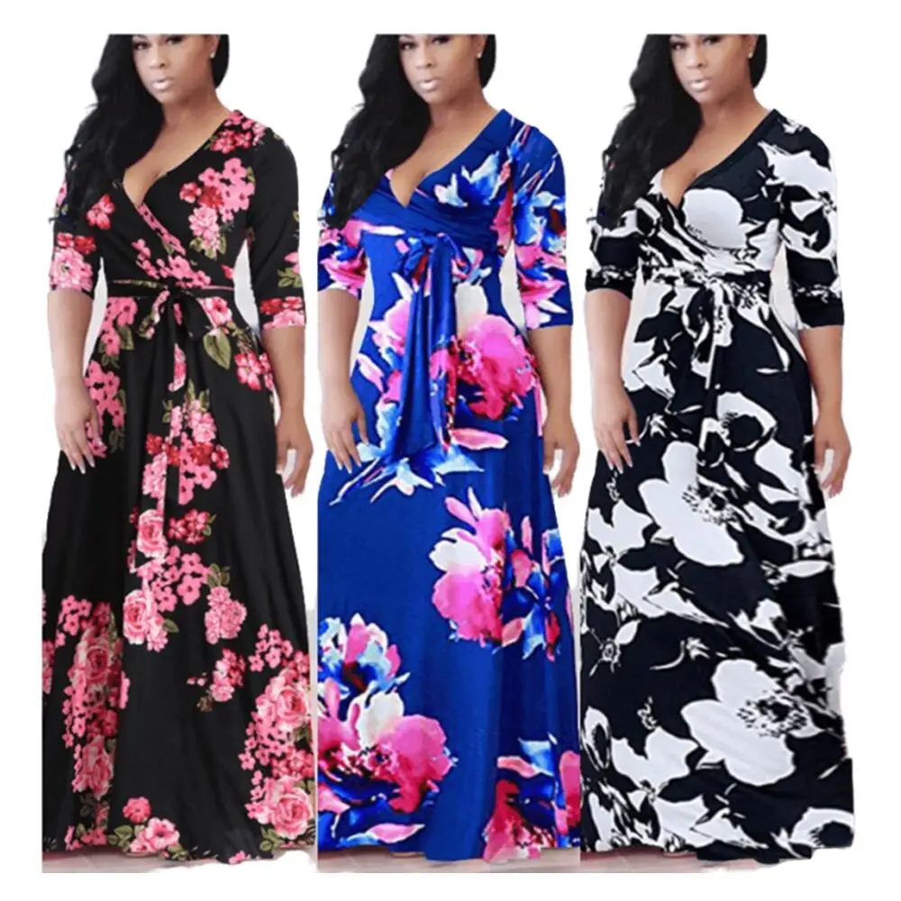 

2021 Summer Cheap Plus size Women Clothing Casual Long sleeve Deep V Neck Floral Print Maxi Split Dress With 5XL, Picture color