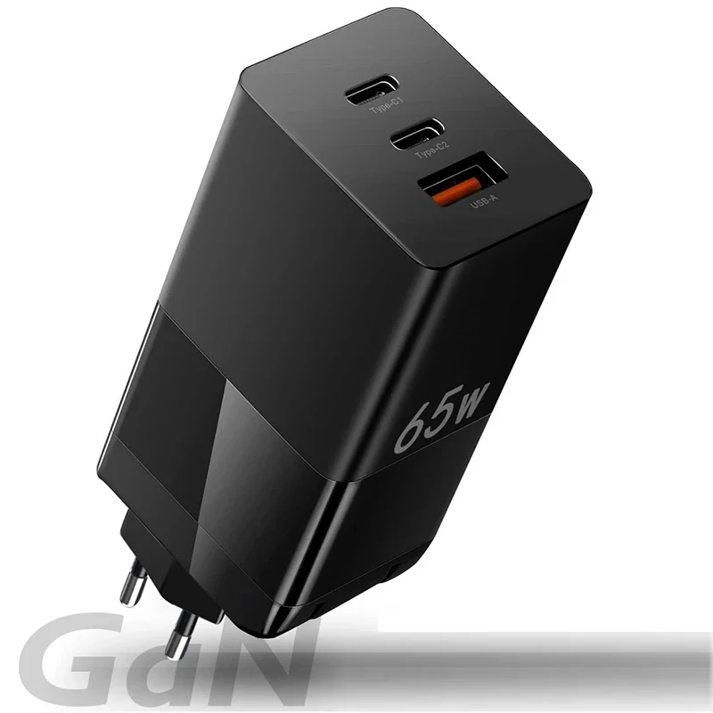 

3 Ports Plug GaN 65W USB C Charger Wall Charger Power Adapter PD Fast Charger for iPhone 12 MacBook, Black