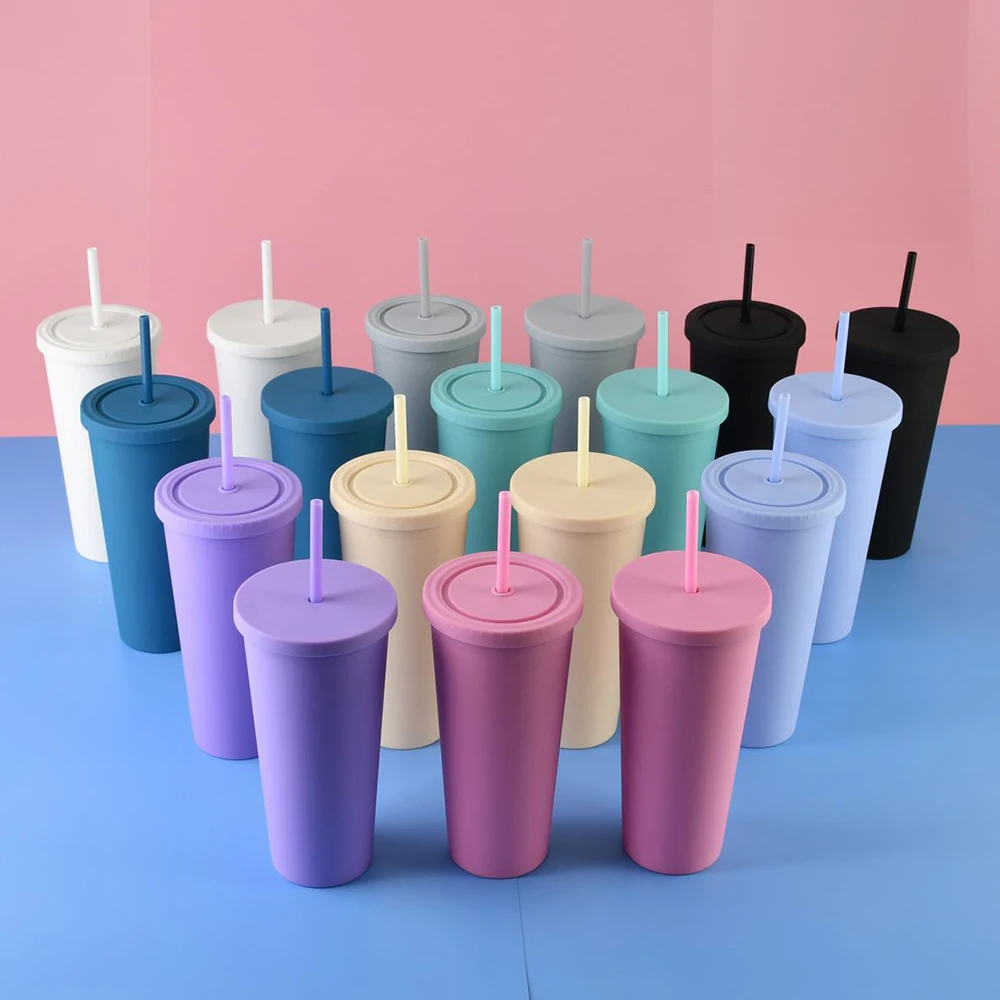 

Pastel Cup Blank Cups Tumblers 24 0Z Matte Tumblers Double Wall Acrylic Tumbler With Straw and Screw Lid, Customized colors acceptable