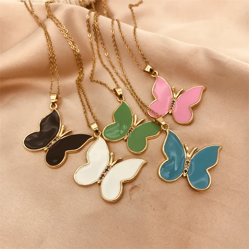 

INS Butterfly Necklace Enamel Pendant 18K Gold Plated Colorful Zircon Necklaces Trendy Gifts Minimalist Butterfly Necklace