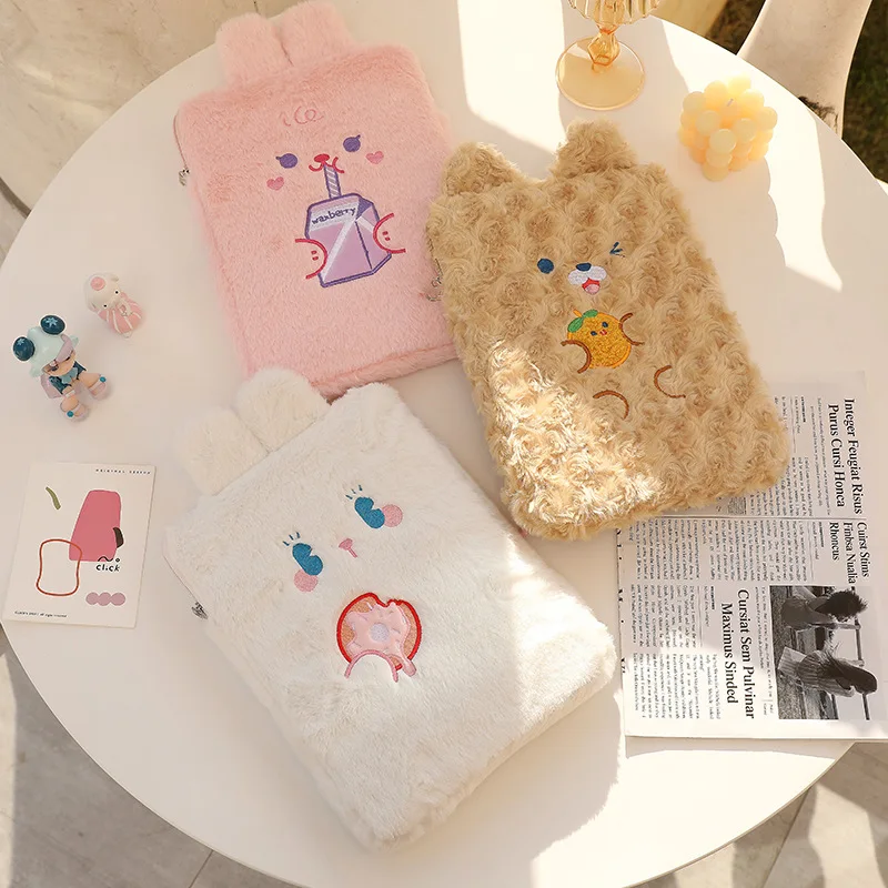 

Cute furry bunny bear for ipad laptop bag cartoon characters Korean girl creative plush tablet storage liner bag, 3 colors