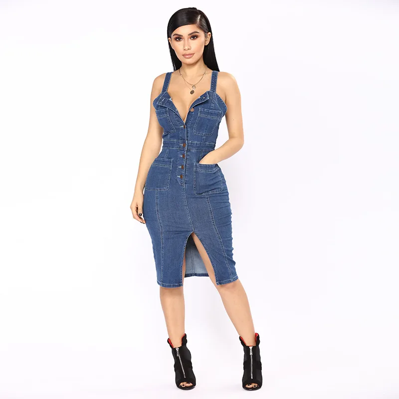2019Women Female Sexy Spaghetti Strap Sleeveless Denim Jeans Dresses Clothing Women Single