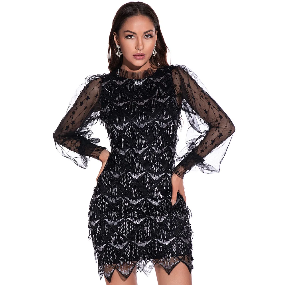 

B1205TA20 Discounted Prices Tassael Short Dresses Long Sleeve Mesh Women Party Evening Dress