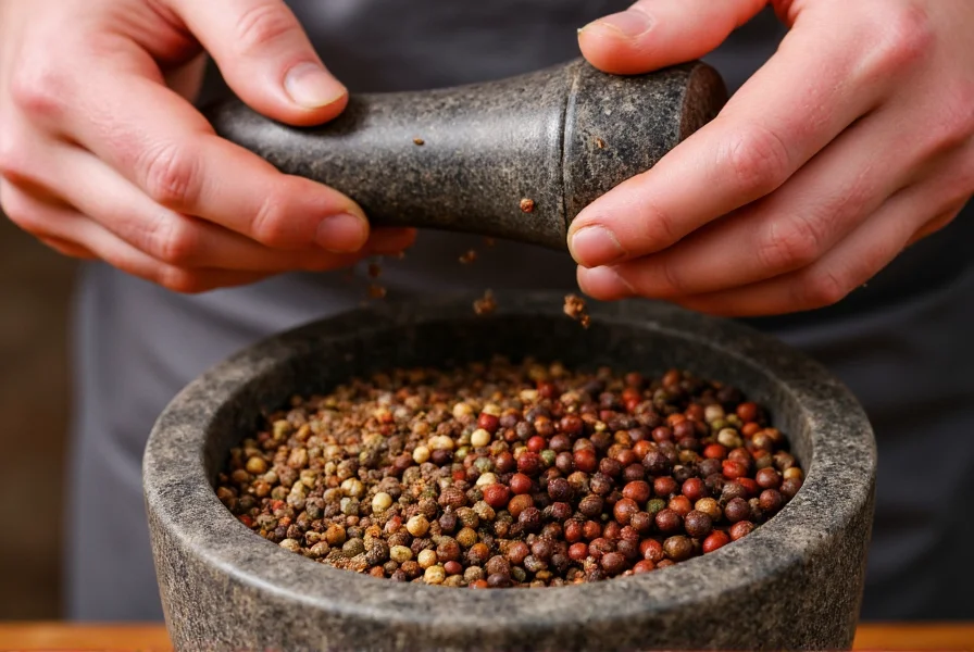 Chef's hands grinding different colored peppercorns into a mortar with pestle showing texture variation
