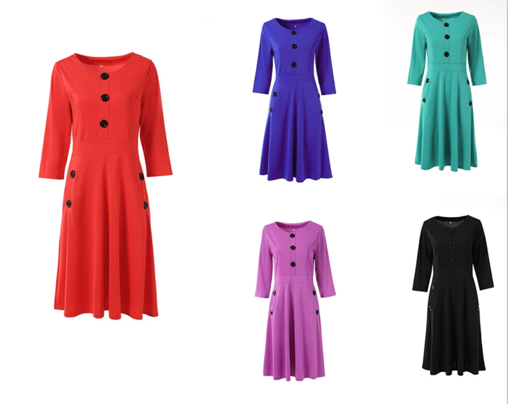 

summer solid color O-Neck Three Quarter sleeves women buttoned waist A-line evening dress Office Lady Elegant Dress, Picture color