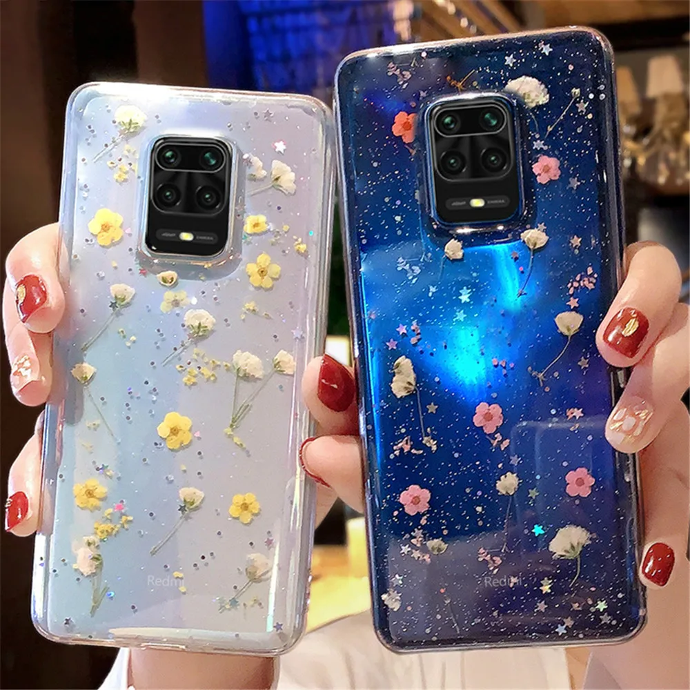 

Dry Real Floral Glitter Transparent Soft Silicone Phone Case For Xiaomi Redmi Note 9S 9 Pro Max 8 8T 7 7A 8A K30 10X 10 Pro CC9