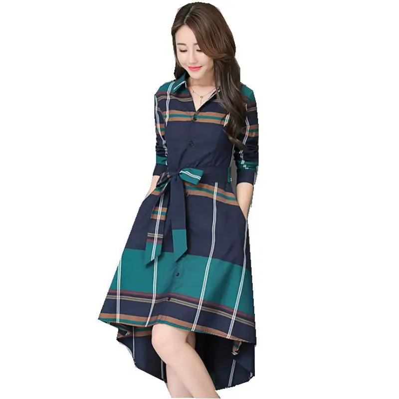 

Women Grid Stripe Vintage Plaid Dress Elegant Irregular Lady Office Long Sleeve Dress Women Tunic Bandage Long Sleeve Midi Dress