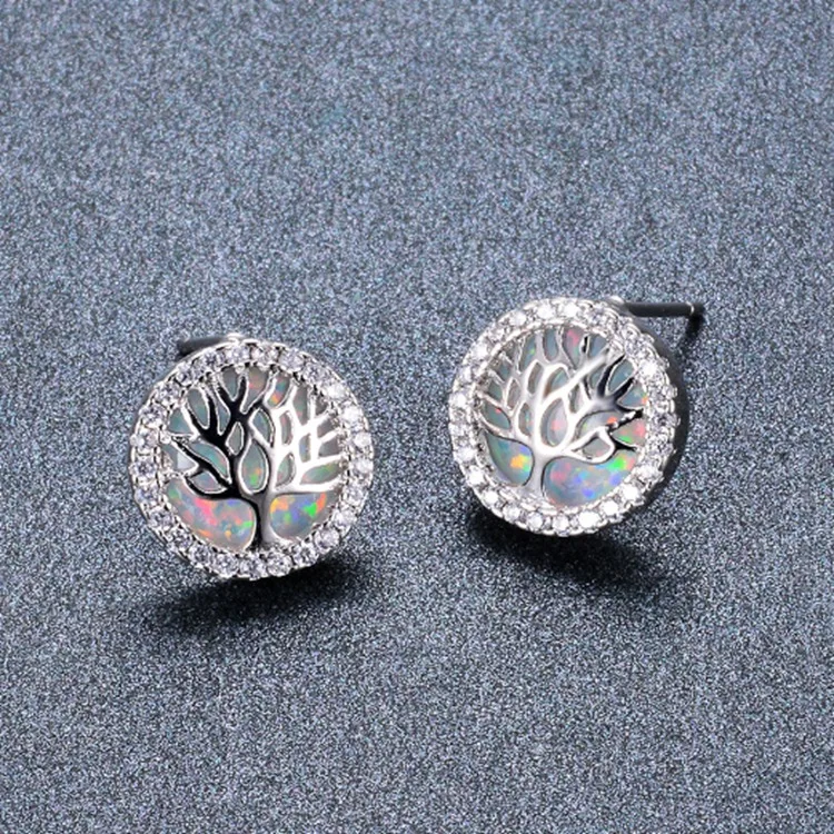 

New Opal Earrings Jewelry Fashionable Palm Life Tree Earring Stud Set, Silver, gold, black gold