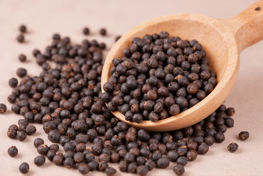 Close-up view of black peppercorns on wooden spoon with scientific illustration of piperine molecule