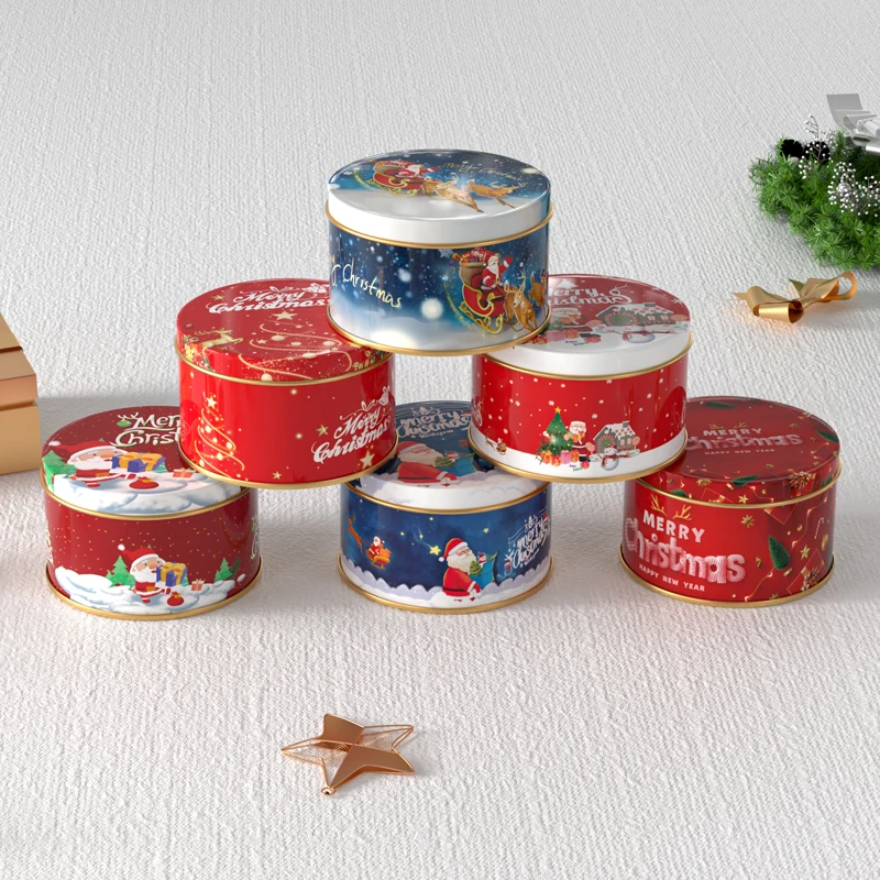 

New Product 2023 Christmas Cake Round Tin Box Cookies Gift Tin Box Packaging For Christmas