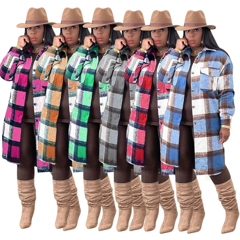 

2022 New Arrivals Plaid Shirt Button Pocket Casual Women's Winter Coats Fashion Tops Jacket Coat, Picture