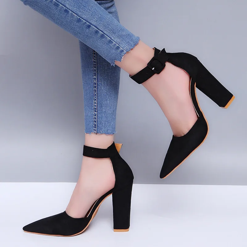 

2021 Women Fashion Big Size Thick Heel High Heels Pointed Buckle Single Shoes for Ladies