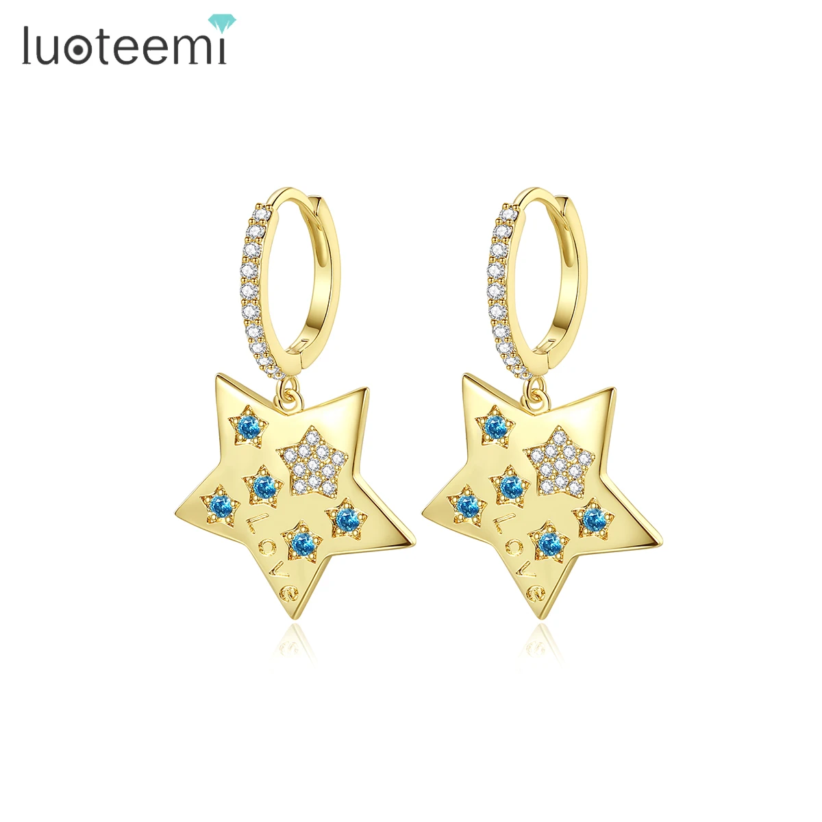 

LUOTEEMI Cz Huggie Star Gold Plated Crystal Dangle Drop Large Colorful Big Diamond Woman Bling Hoop Earring