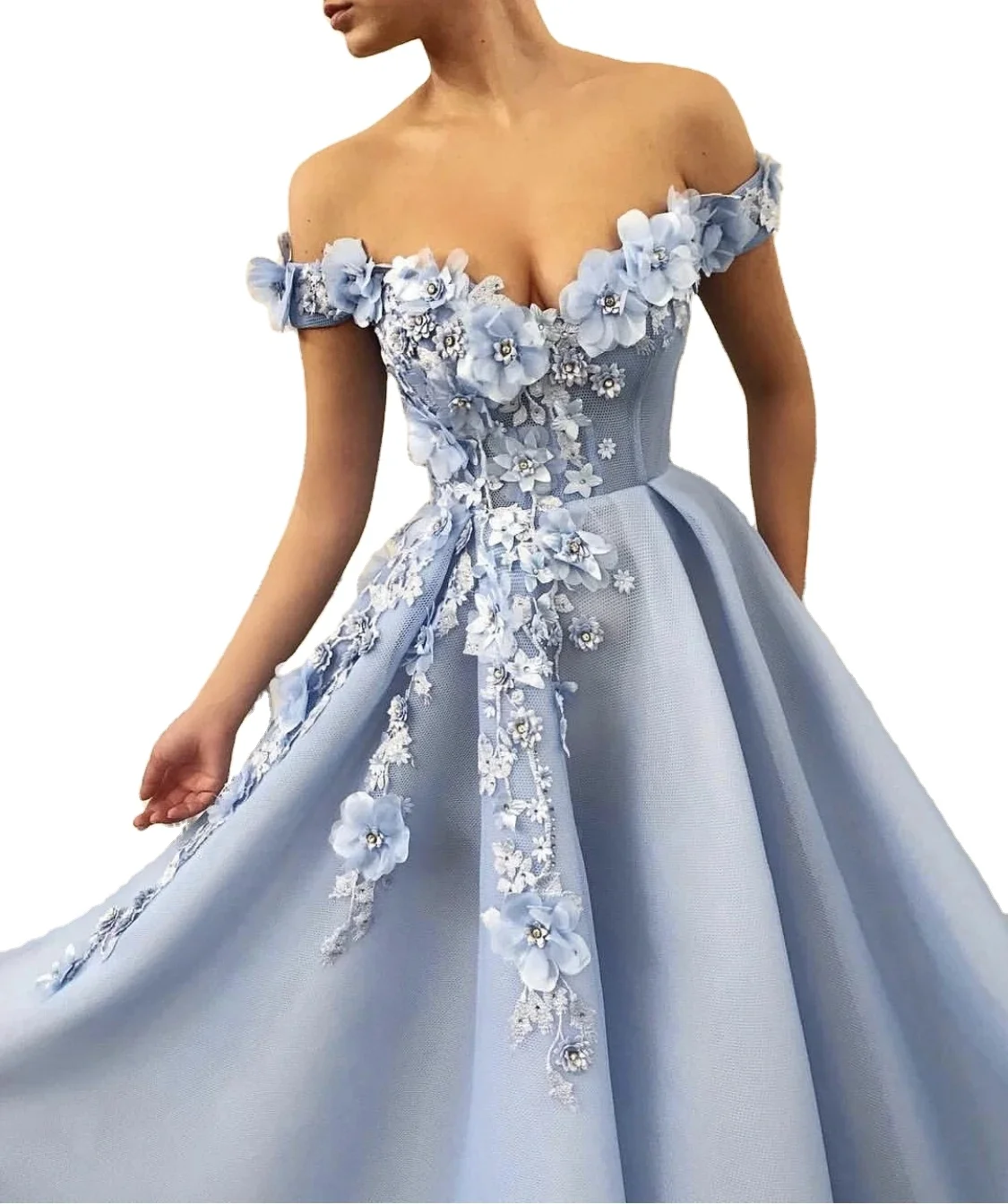 

Elegant Sky Blue Prom Dresses 3D Flowers A Line Sleeves Off the Shoulder Evening Gowns Long Dress