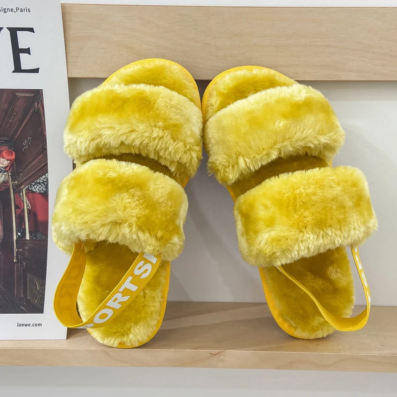 

luxury leather ladies warm slippers girl fluffy indoor lady flat soft slippers, As picture