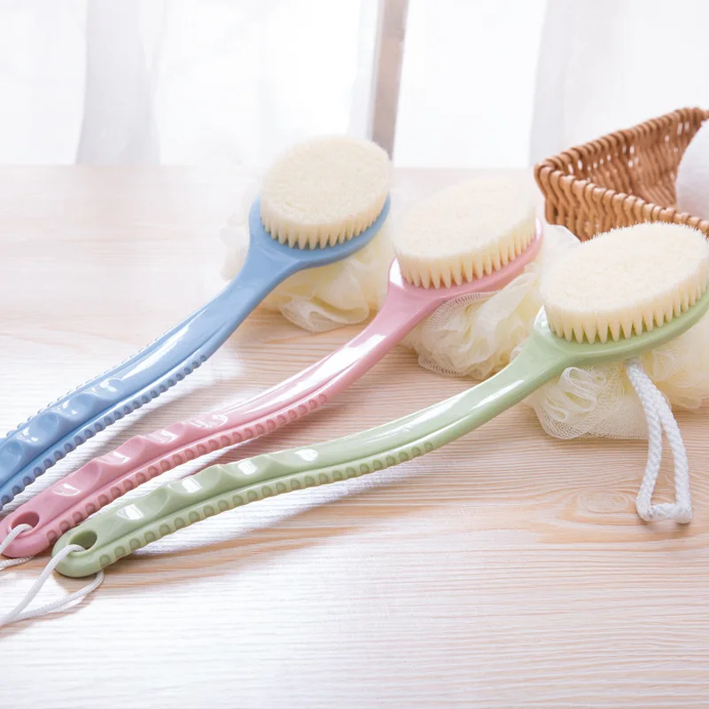 

Hot sale three colours double-sided long handle bathing brush soft Rub Back Tool Foaming Bath Brush 2 In 1 For Body