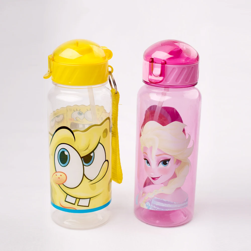 

Hot sale wholesale cartoon printed kis plastic sports bottle with straw