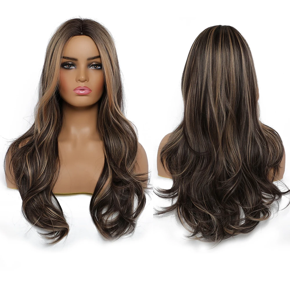 Long Chestnut Color Wigs Natural Brown Wavy Synthetic Wave Hair Wig for Women High Temperature Layered Daily Ombre Wig