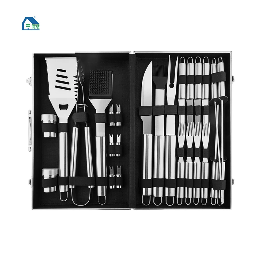 

Super Complete High Quality Barbecue Tools Set with 26 Pieces Stainless Steel Bbq Tools Set with Aluminum Box Holding, Stainless steel color