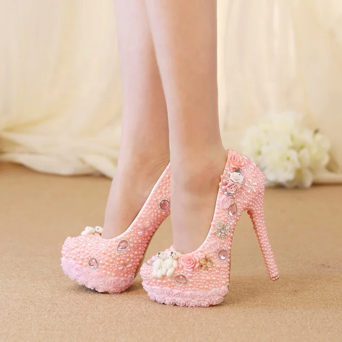 

Sexy Floral Woman Ladies Dress Pumps Shoes Pink Crystal Stiletto Block High Heels Big Size 35-42