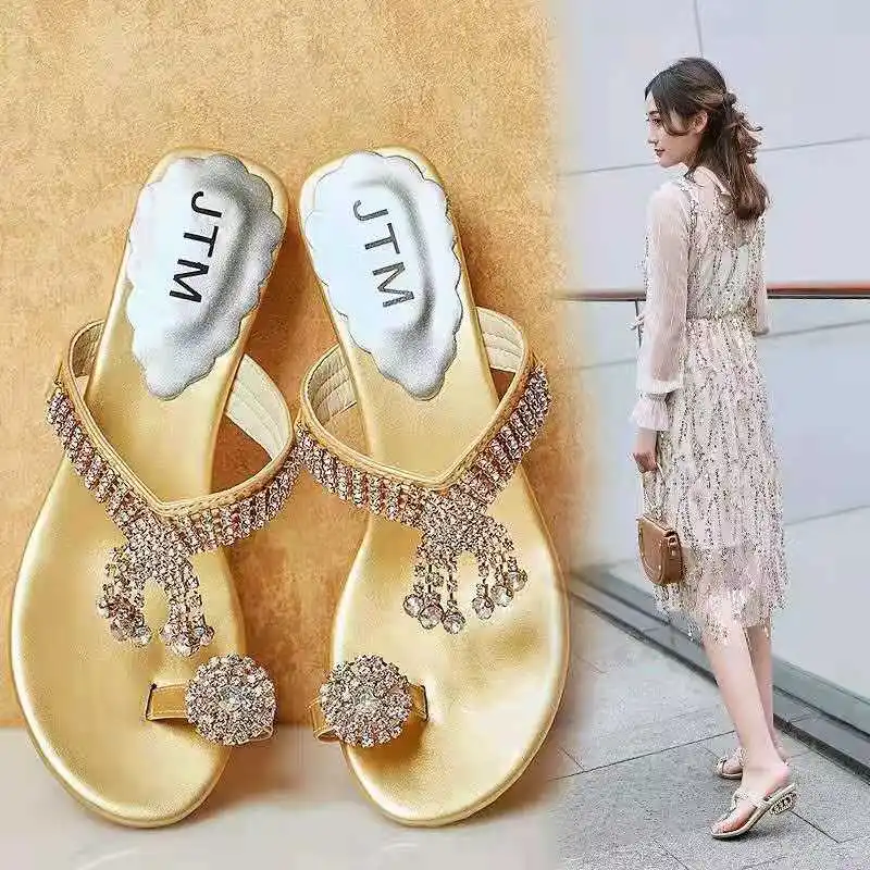 

Female Luxury Women Summer Fashion Rhinestone Sandals Flat Slippers For Ladies, 2 colors