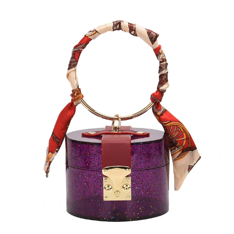 

Hot Sale Transparent Bucket Handbags Women Sequin Scarf Round Metal Handle Mini Bags Clear Bag Evening Clutch, 5 colors in storage and custom color is workable