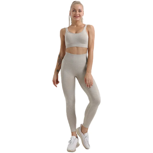 

Wholesale Women's Legging Workout Set Active 2 Pieces Yoga Leggings with Ribbed Paded Sports Bra, 3 colors
