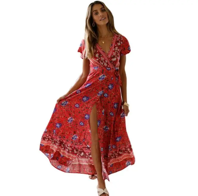 

2021 Summer Women Floral Print Boho Dress Sexy V-neck High Split Midi Beach Dress Causal Short Sleeve Bohemian Dress, As pictures or customized colors