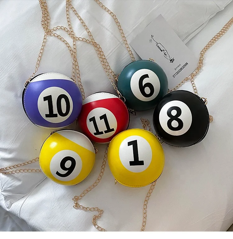 

2021 Wholesale PU Leather CrossBody Mini Chain Bag Purse Trendy Shoulder Round Zipper Billiards Ball Shape Bag, 6 colors