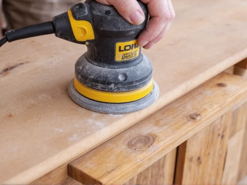 Hand sanding reclaimed wood console table with orbital sander step