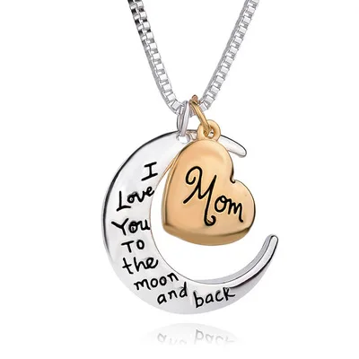 

Hot Sale 'I You Mom To The Moon And Back' Gold Heart Silver Crescent Moon Pendant Necklace For Mother's Day Gift