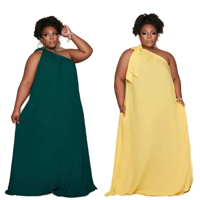 

MT156-210413 2021 Women's Plus Size Knotted Off Shoulder Dropped Waist Long Dress loose casual dresses one shoulder sexy dress
