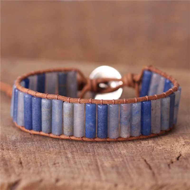 

YueTong Natural Stone 4*13mm Blue Aventurine Tube Beads Leather Wrap Bracelet Bohemian Gemstone Cuff Bracelet Jewelry Wholesale