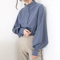 

Vintage Lantern Sleeve Autumn Winter Thicken Women Shirt Blouses Single Breasted Blouse Female Loose Shirts Tops