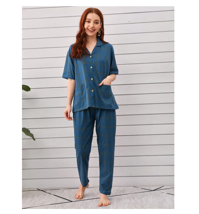 

2021 hotsale shen model women pants with short sleeve cotton women sleepwear cotton pajamas women sets, Customized color