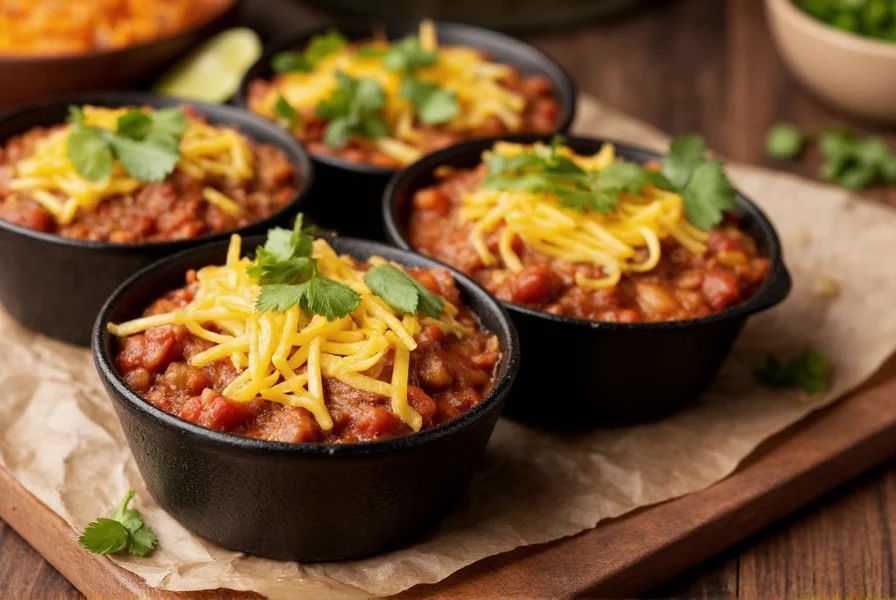 Mini cast iron skillets filled with rich Texas-style chili topped with melted cheddar cheese and fresh cilantro