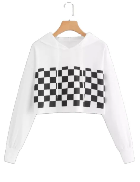 

Fall and Winter Style Black white Plaid Casual Pullover Hoodie Cotton women With Strings Hoodie