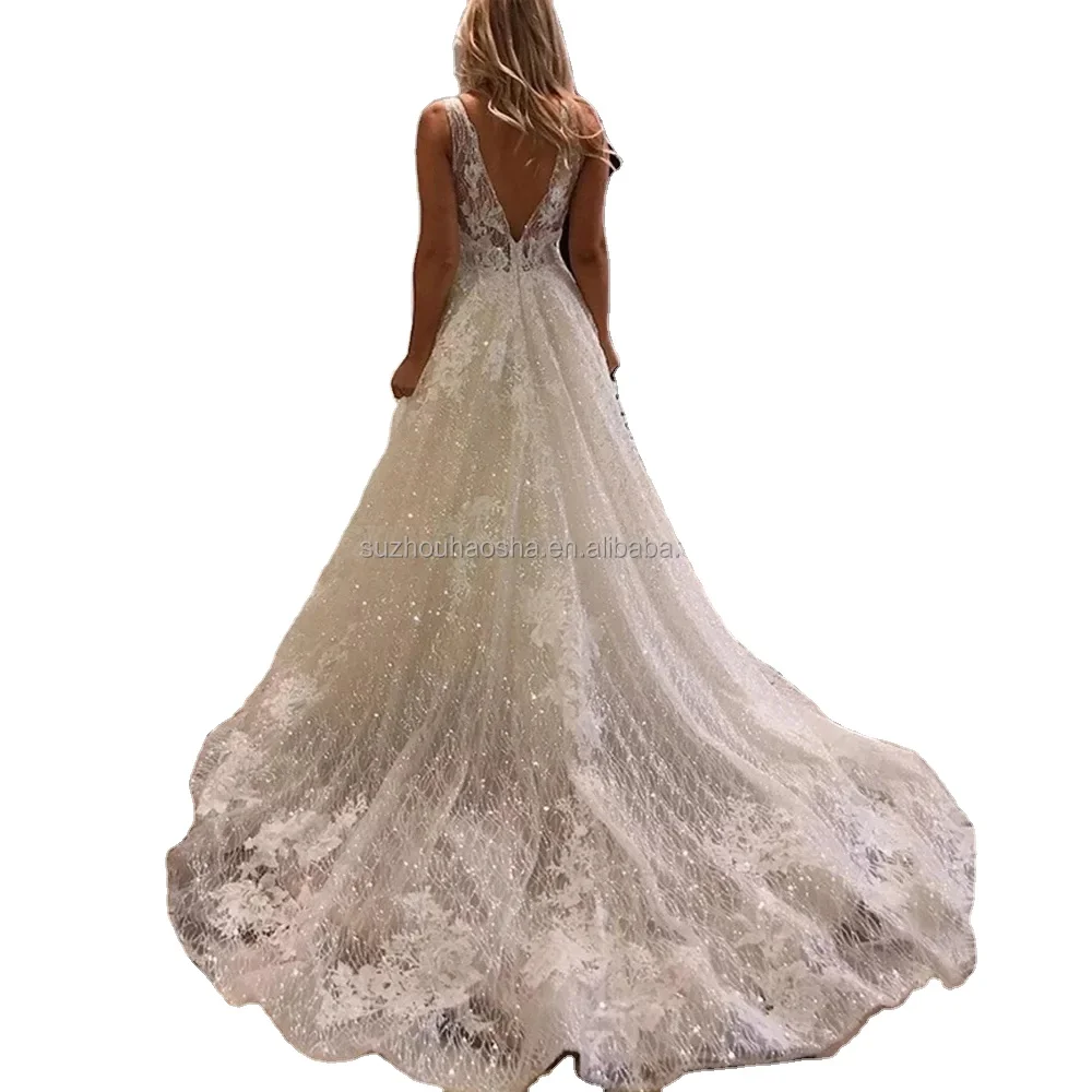 

Ivory Lace Glitter Wedding Dress Shiny Tulle Beach Bridal Dresses Boho Elegant Wedding Party Gowns Open Back Long Train