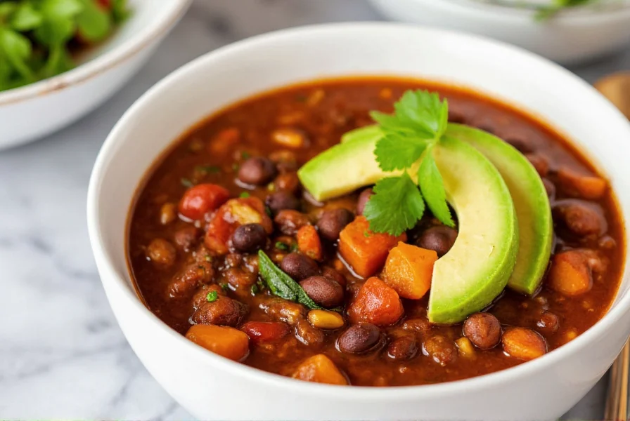 Vibrant vegetarian chili in white bowl with avocado slices and cilantro garnish, showing thick texture with visible black beans and sweet potato chunks