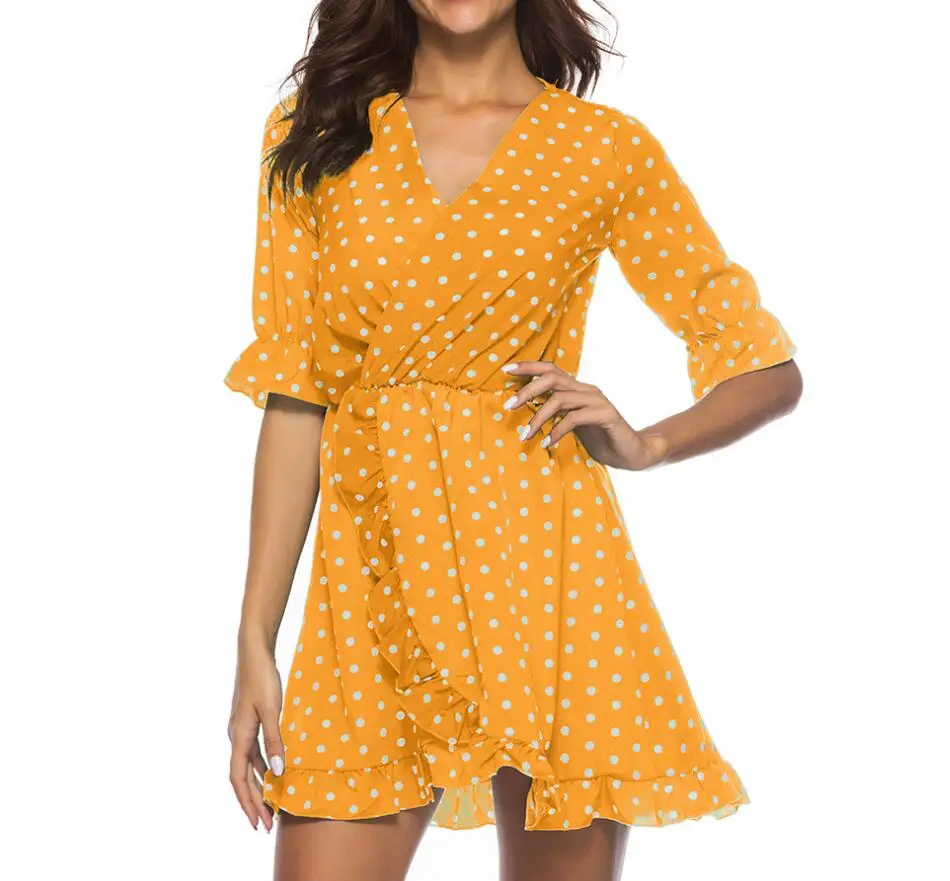 

Sexy Deep V Ruffles Plus Size Ladies Casual Short Dresses, As picture