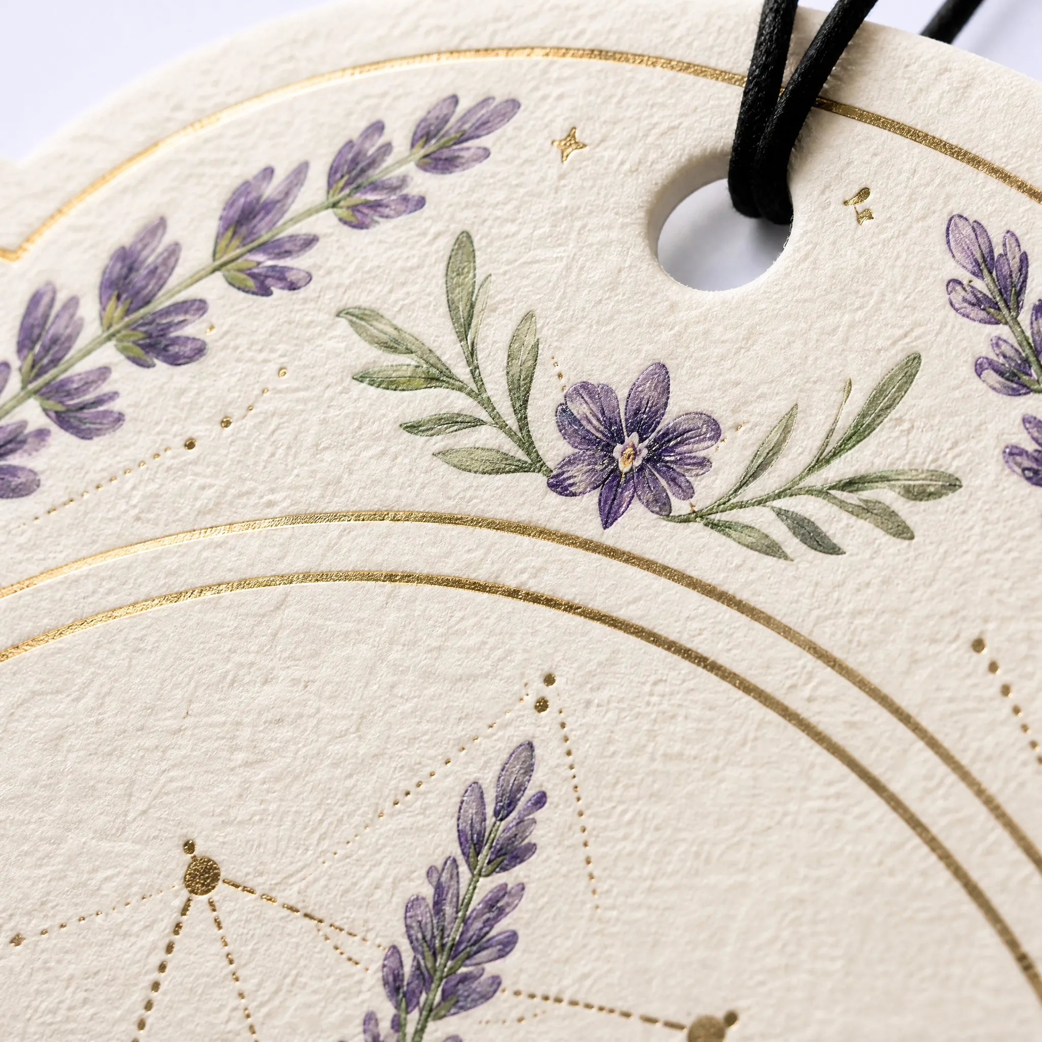 4K Macro Close-up of Lavender Spikes, Violet Petals, and Gold Foil Geometry Line
