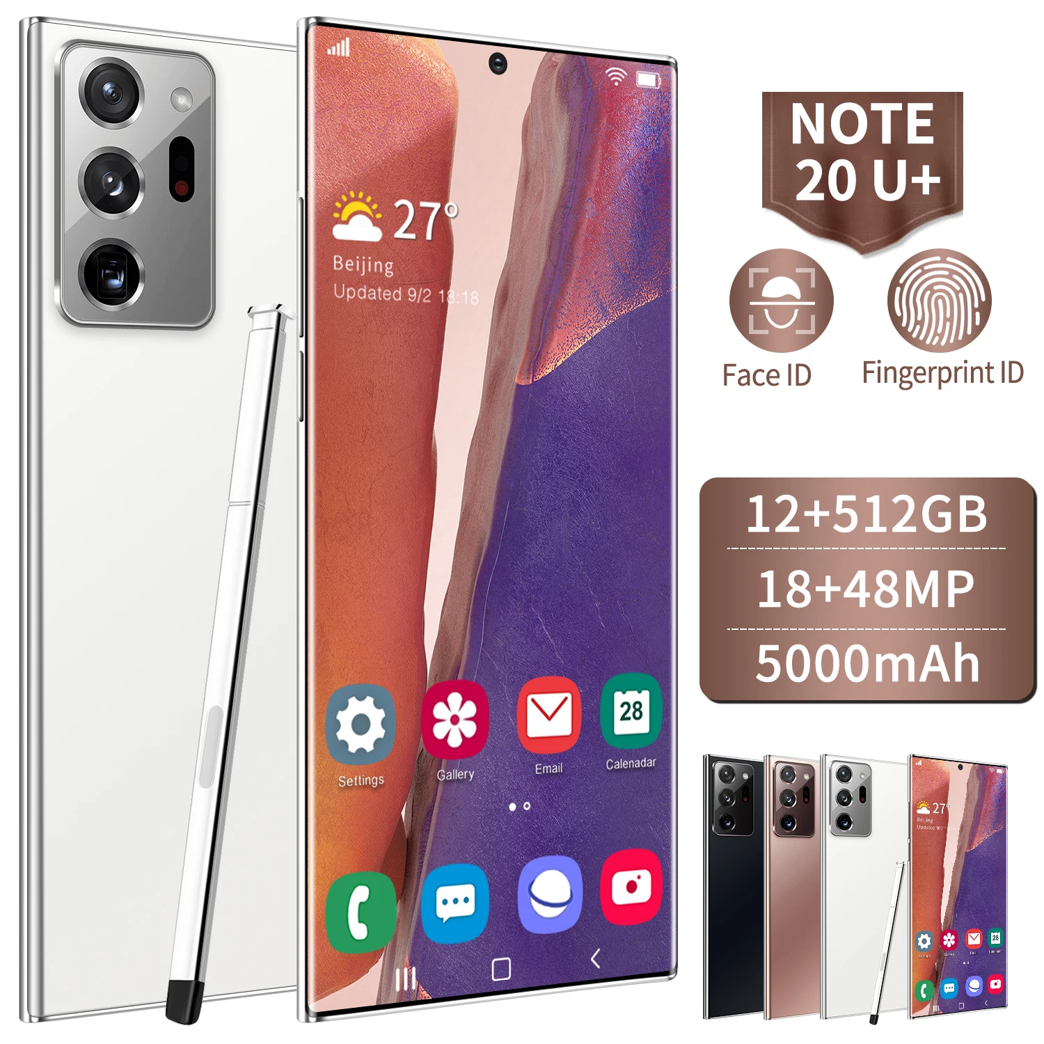 

Wholesale Note20 U+ 6.9inch screen mobile phones with pen HD camera 18MP+48MP Dual sim telefone 12GB+512GB 5000mah smart phones, Black rose gold white