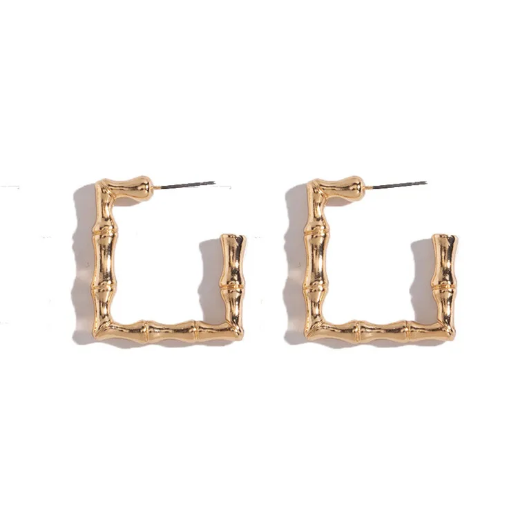 

Metal Irregular C Shape Geometric Square Bamboo Hoop Earrings Matte Gold Square Bamboo Earring for Women, As picture