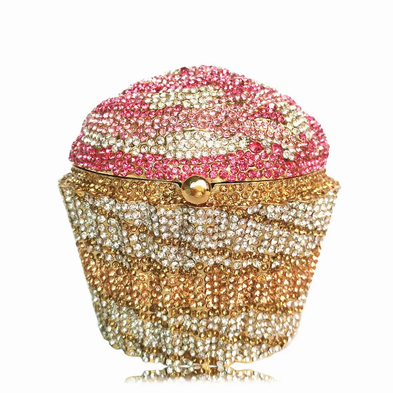 

High Quality Creative Gift Party Bling Metal Diamond Crystal Cake Evening Bags Clutch 2020 Rhinestone Cupcake Purses, As picture