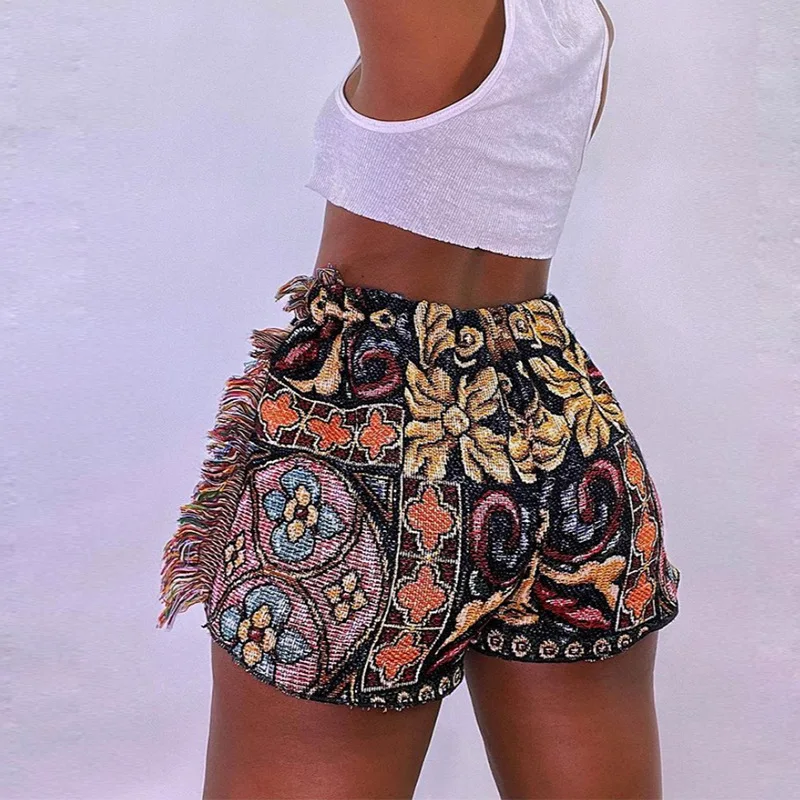 

X03143C Vintage Print Shorts Women Summer Indie Folk Style Unique Side Tassel Patchwork Pants Hot Hipster Female Clothing, Black