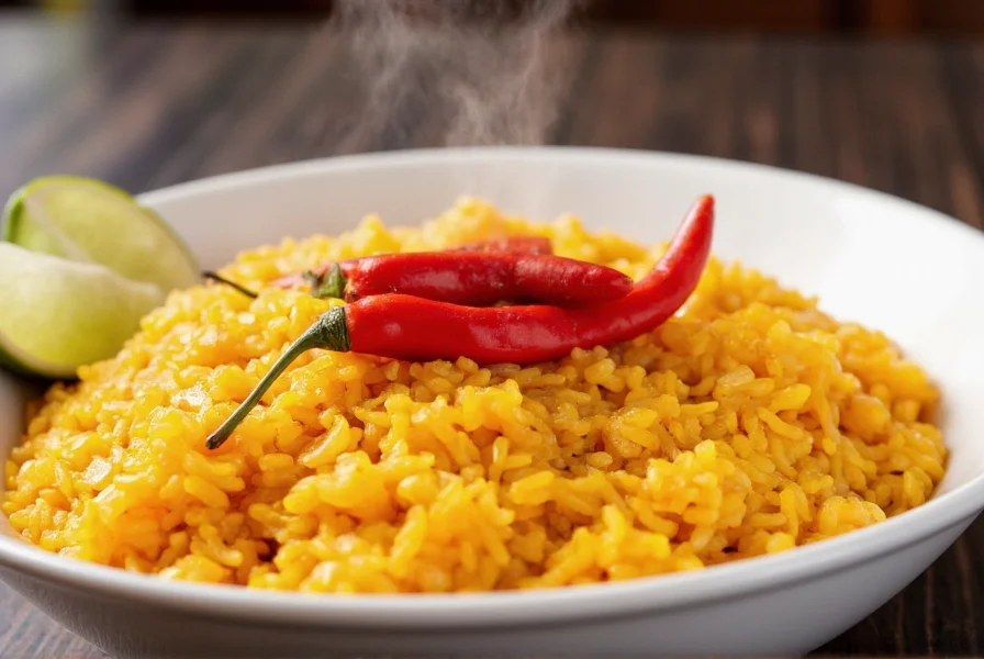 Close-up of steaming chili rice in white bowl with fresh red chilies on top, vibrant yellow-orange color, served with lime wedge