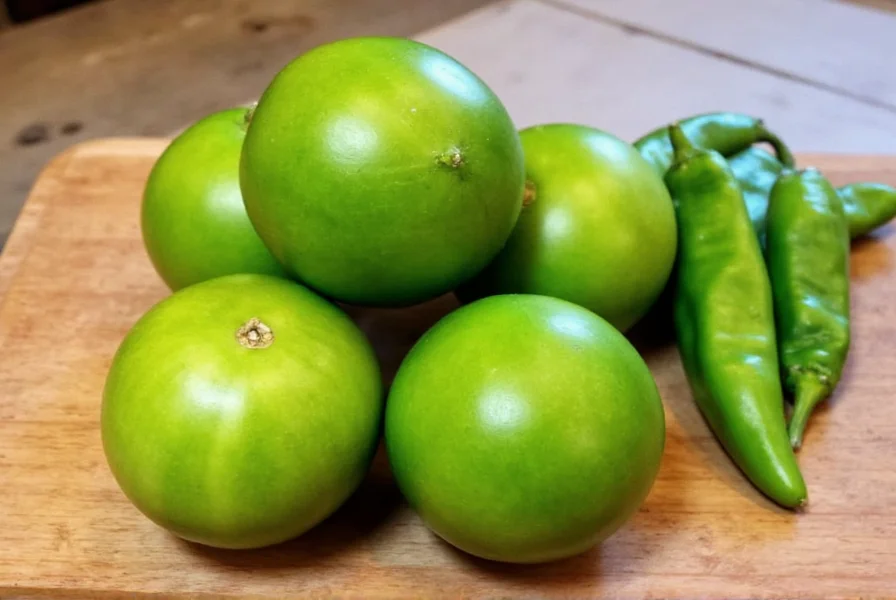 Fresh tomatillos and green chilies arranged on a wooden cutting board for authentic chicken green chili enchiladas recipe