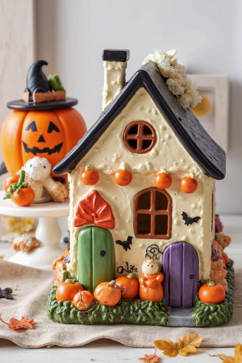 Ceramic Halloween House displayed on a living room mantle